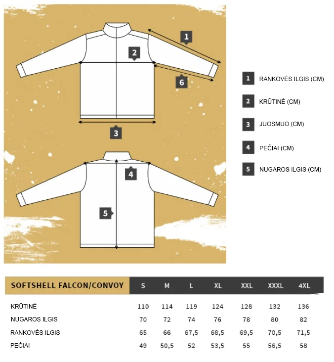 Aprangos dydžių lentelės Striukė Texar Falcon Softshell