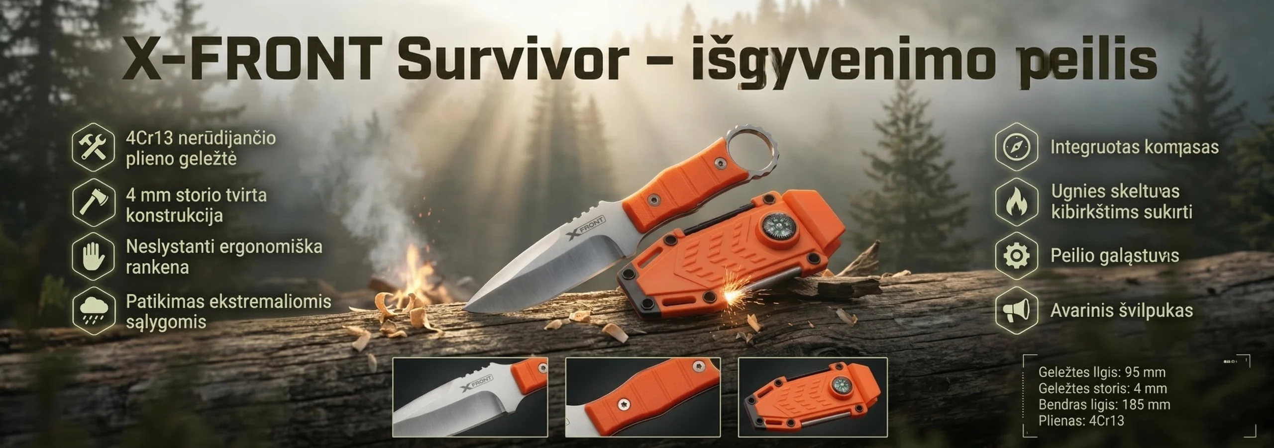 Peilis X FRONT Survivor, oranžinis